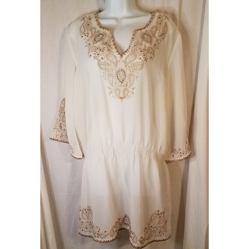 Colleen Lopez My Favorite Things M Cream‎ Brown Embroidered Sequin Tunic Coverup